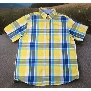 Chaps Shirt Mens L Large Yellow Plaid Easy Care SS Button Up